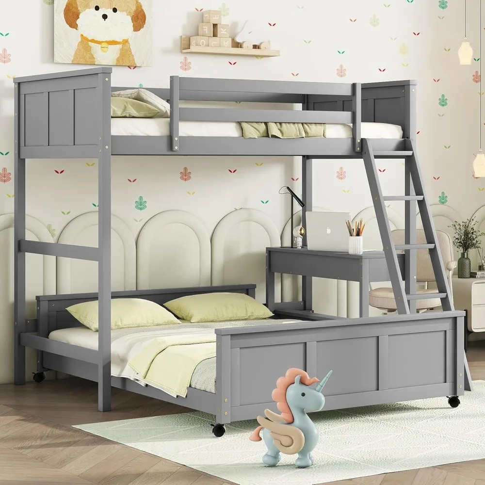 

Bunk Beds with Desk and Drawers, Wood Twin Size Loft Bed with Removable Platform Bed Frame, Bunk Bed with Ladder for Kids