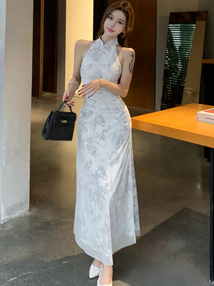 Summer White Print Mesh Neck-mounted Long Dress Women Elegant Luxury Cheongsam Dress 2025 Korean Fashion Bodycon Evening Dresses