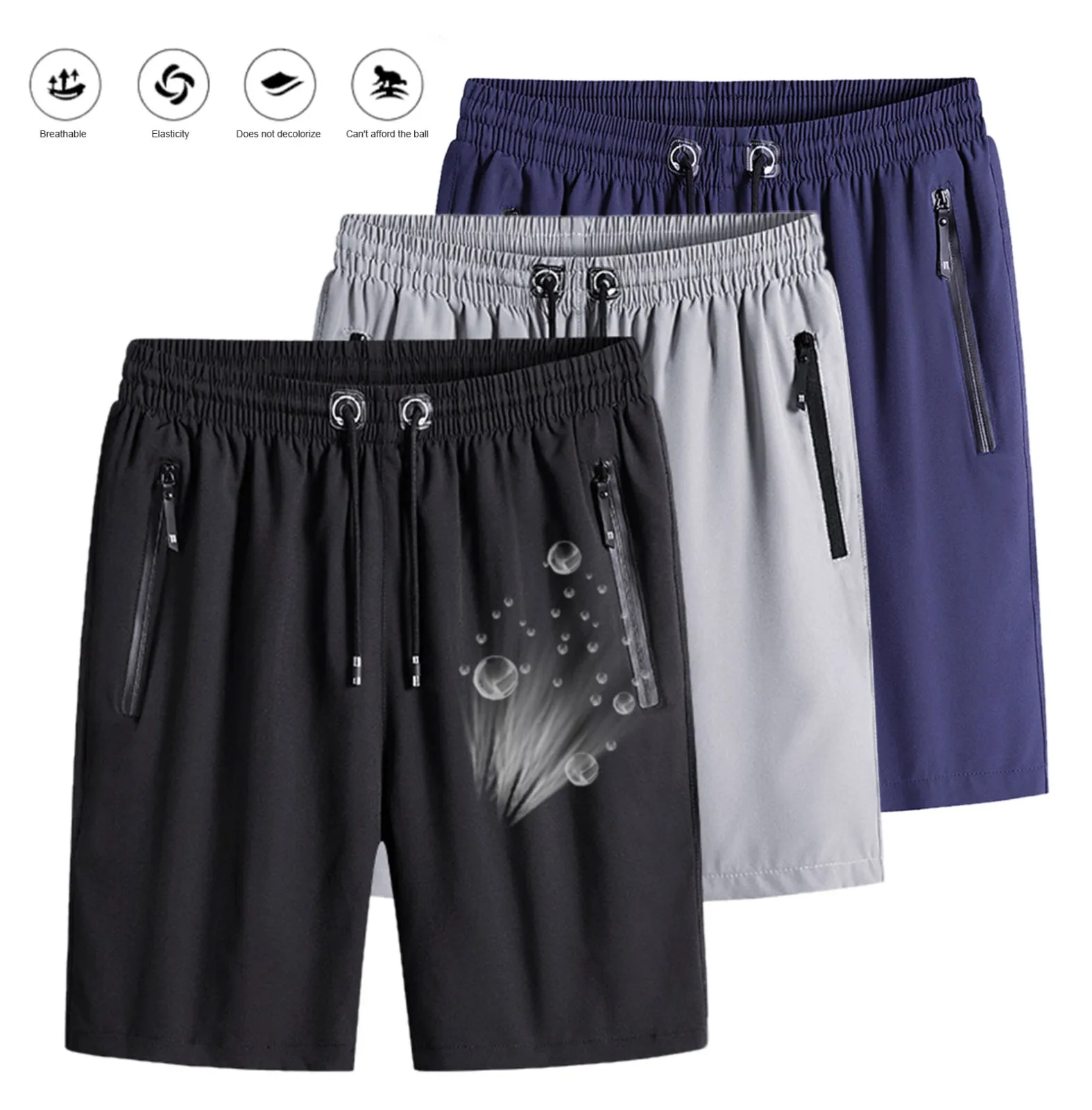 Calções esportivos de bolso casual elástico masculino, com elástico na altura do joelho, macio, praia, verão