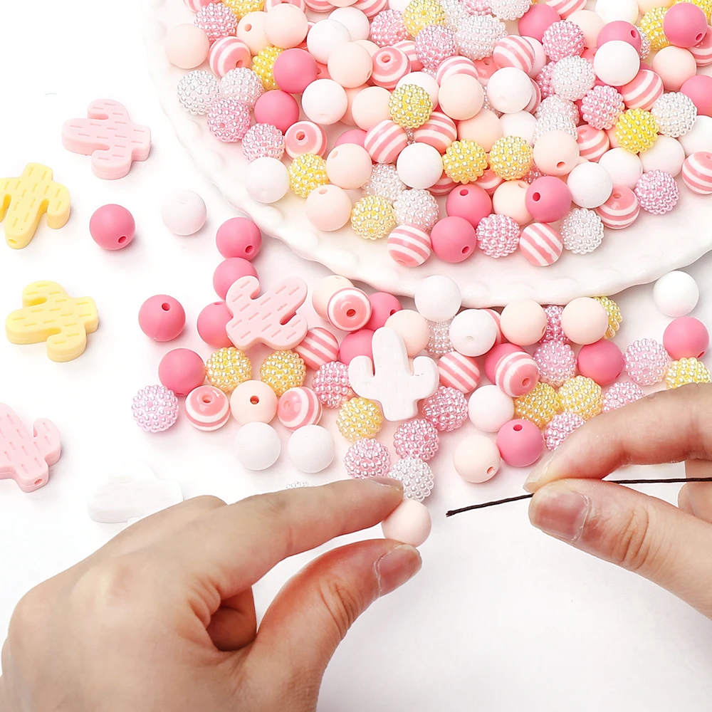 76Pcs 12mm Silicone Acrylic Round Beads Set Silicne Cactus Focal Beads DIY Baby Pacifier Chain Teether Bracelet Jewelry Making