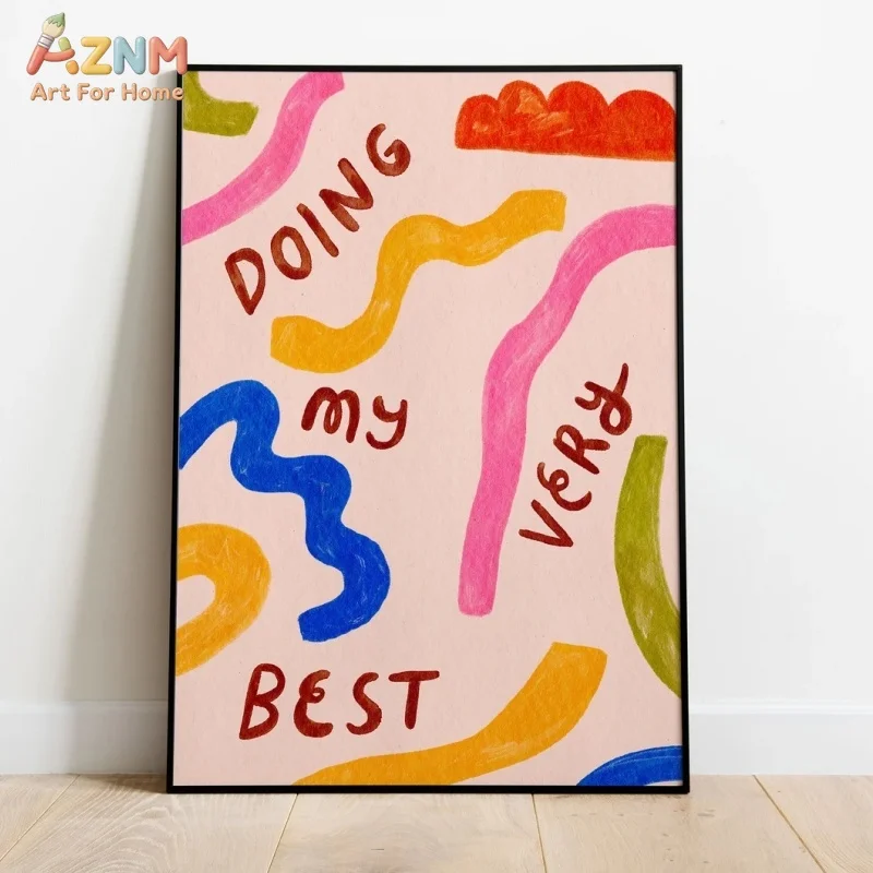 AZNM Doing My Very Best Canvas Wall Art Colorful Wavy Line Abstract Positive Quote Print Unframed Canvas Cute Room Decor Poster
