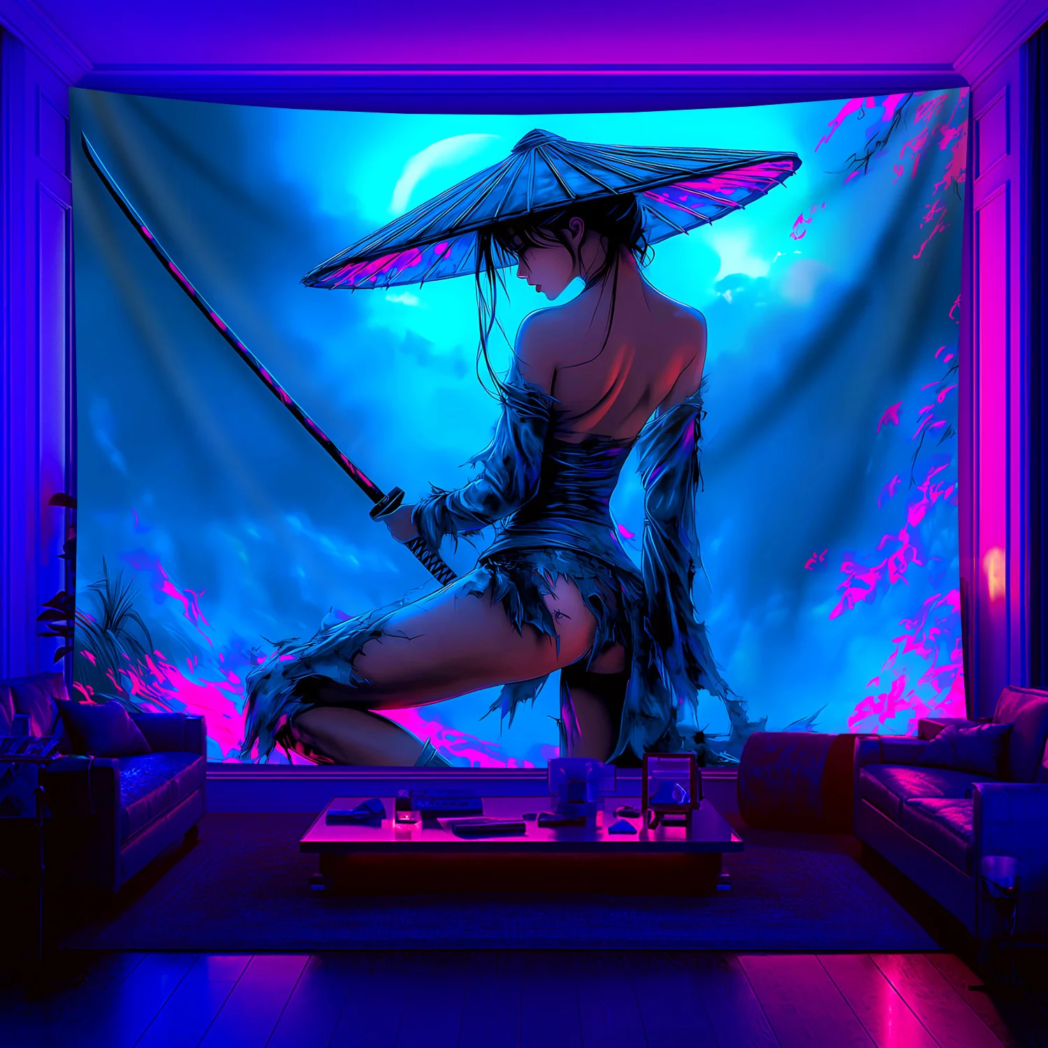 VIKAMA Neon Warrior Girl Tapestry Cyberpunk Style Wall Decorative Cloth for Bedroom Gaming Room Atmosphere Hanging Cloth