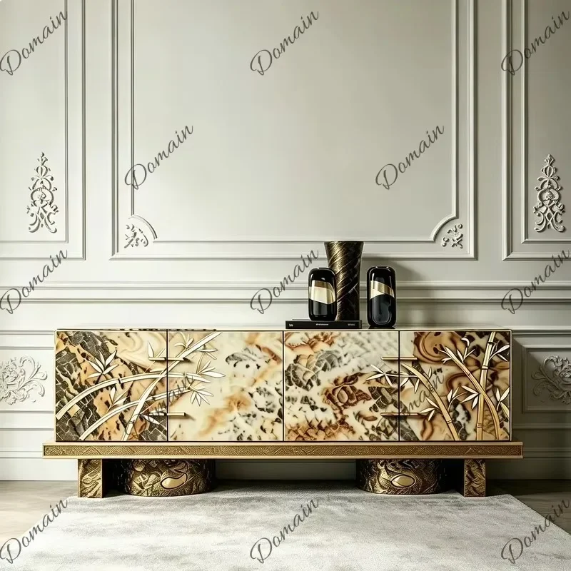 French Medieval Luxury Solid Wood Marble Painted Sideboard Designer Custom Vintage Entryway Cabinet