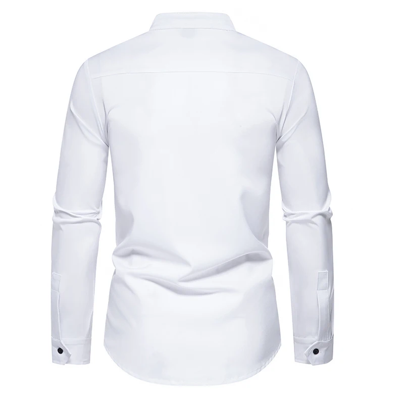 Men's Diagonal Placket Long Sleeved Slim Fit Shirt with Multi Button Decoration Men's Standing Collar Top