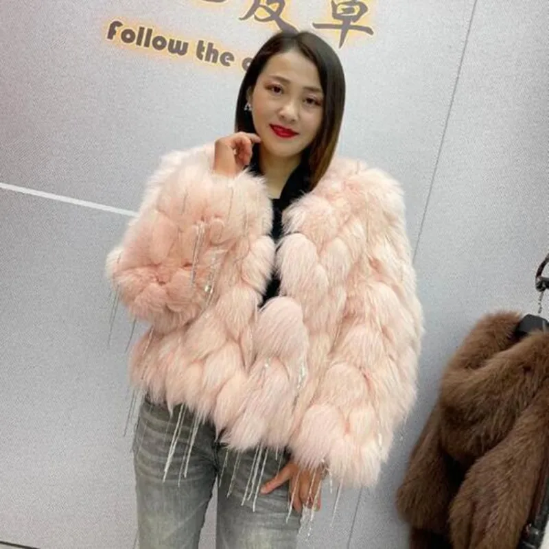 Natural Fox Fur Coat With Tassels Fashion winter Warm fur coat women CoatsReal Fox Fur jackets fur coatThick Jackets