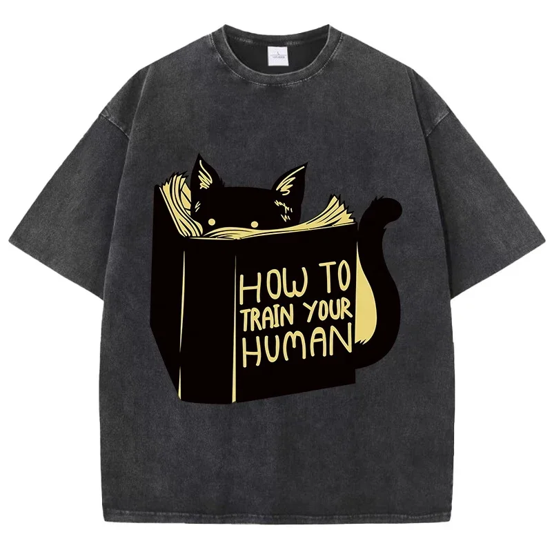 

Smart cat reading print t-shirt men's and women's summer breathable shirt water wash vintage fashion short sleeve soft t-shirt