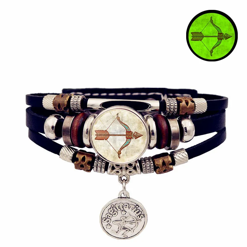 Retro Punk Leather Bracelet Glow Twelve Constellations Button Bracelet for Male and Female Students Couple Bracelet Jewelry