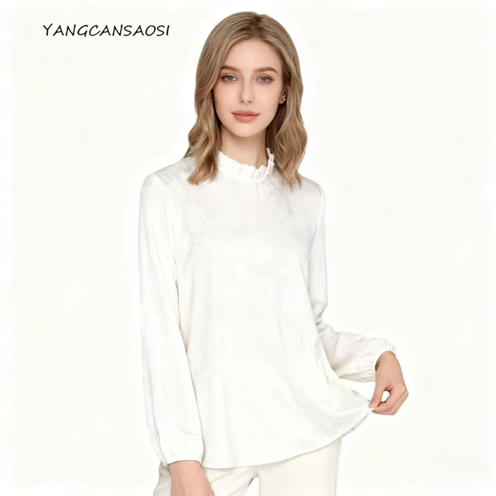 

2025 женская модная осенняя новинка 19 мм туман 100% натуральный шелковый жаккардовый атласный рис белая футболка с круглым вырезом и длинным рукавом