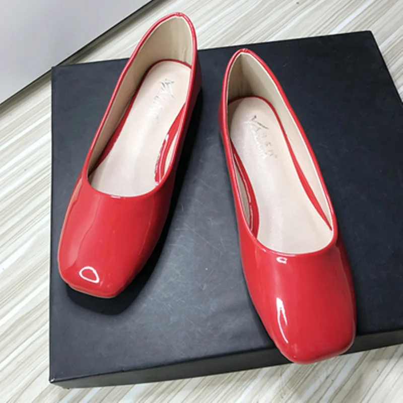 Ladies Square Toe Plain Flats Shiny Patent Leather Wide Fitting Slip-Ons 48-33 Cute Shoes Artificial  Hand-Made Wine Red Mujer