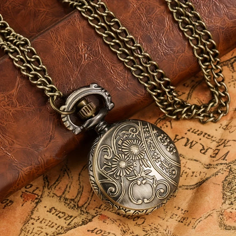 Vintage Bronze Bone Quartz Pocket Watch Small Size With Necklace Chain Gift for Women Kid Children Hollow Clock Hombre Relojes