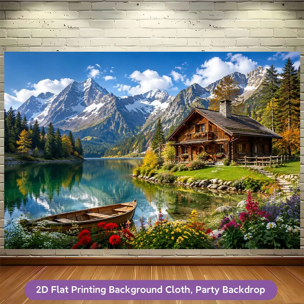 Alpine Lake Wooden Cabin Snow Mountain Tapestry 2D Flat Printing Wall Hanging Backdrop for Living Room Bedroom Decor Landscape