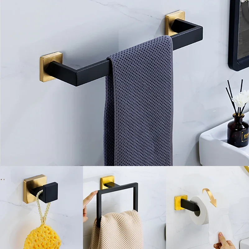 Adhesive Bathroom Hardware Set Black Gold Towel Bar Holder Toilet Paper Holder Wall Mount Towel Ring Bathroom Accessories