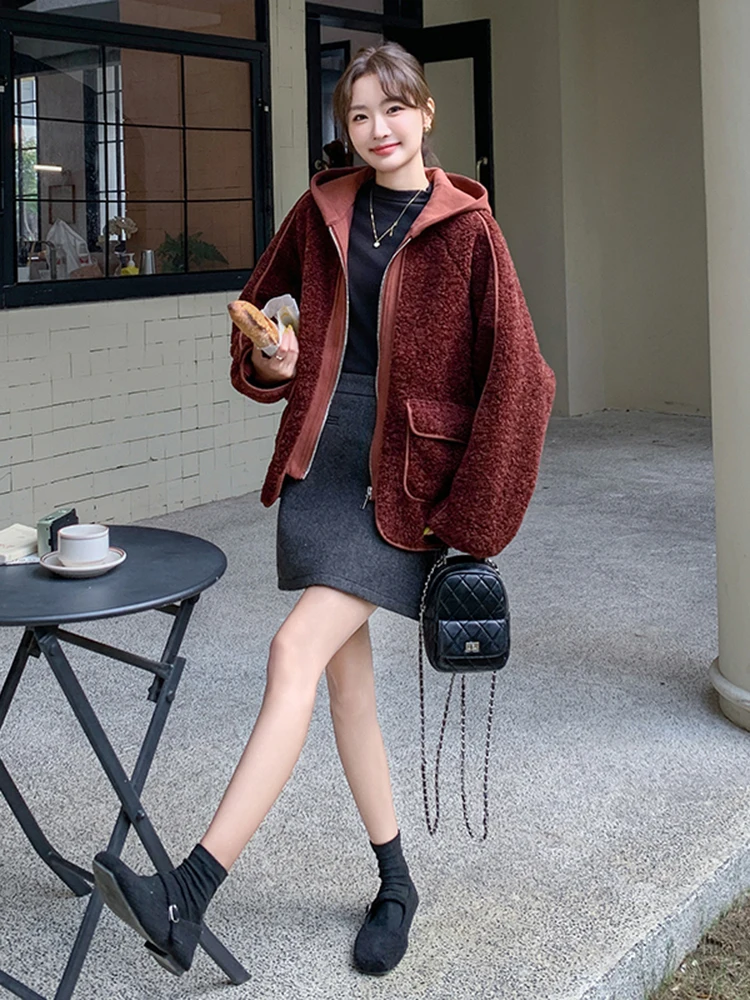 LANMREM Casual Hooded Lamb Wool Jacket For Women Patchwork Zipper Coats With Pockets Female Winter Clothing New Fashion 2DB1354