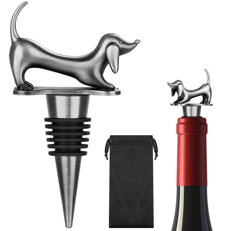 Vintage Lovely Dachshund Wine Stopper Sausage Dog Metal Bottle Stoppers for Kitchen Club Party Wedding Barware Gift Set