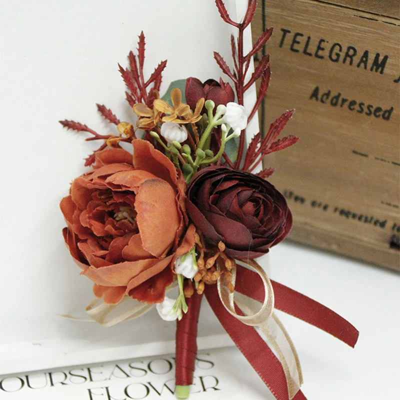 Boutonnière Fleur Artificielle, Caramel, Vin Rouge, Accessoire de Mariage, Corsage de Poignet, Convenation d'Affaires, Invité