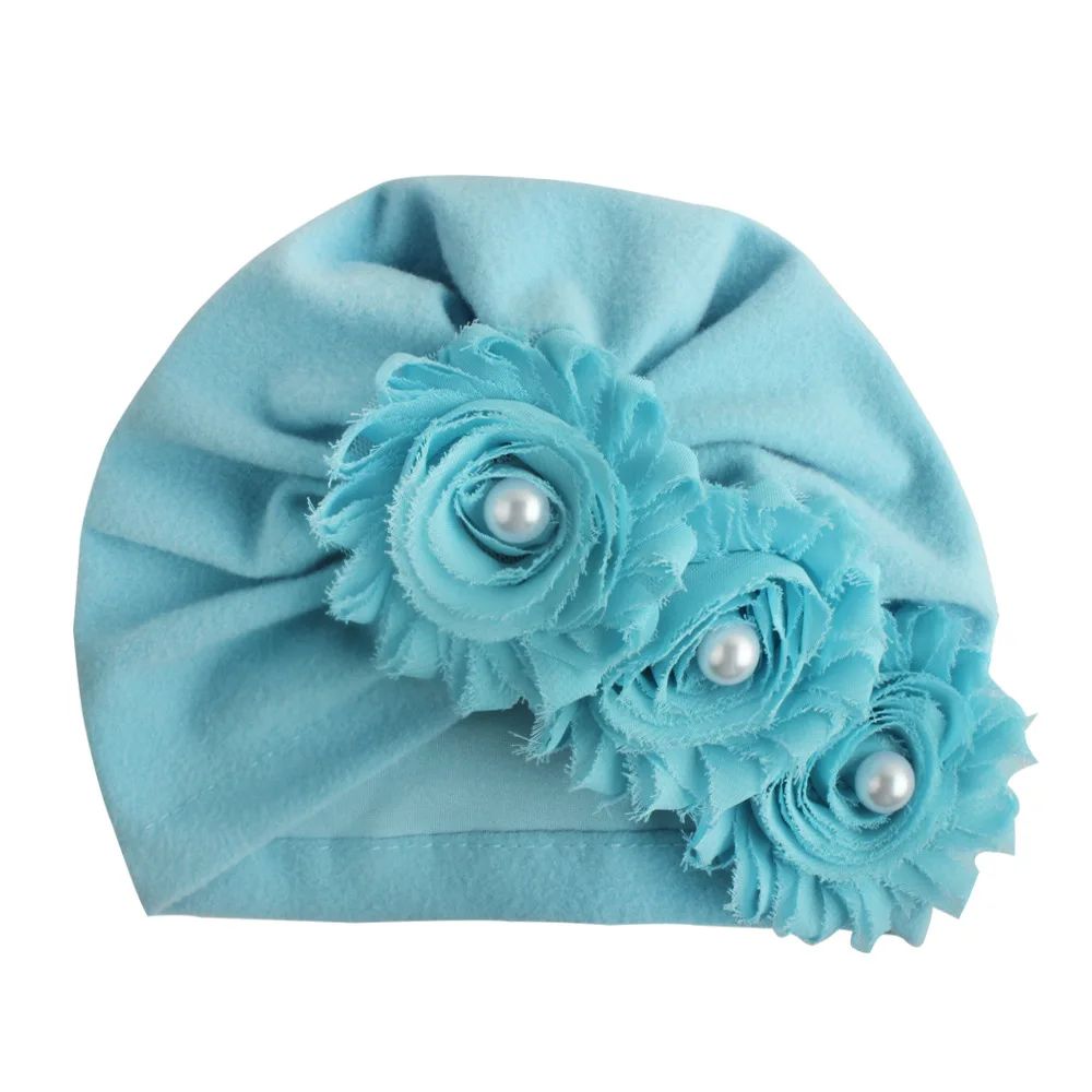 New Infant Newborn Caps with Pearl Chiffon Flowers Cotton Blend Kont Turban Girls Stretchy Beanie Hat Baby Hair Accessories