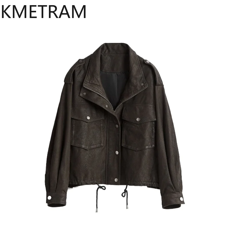 KMETRAM Genuine Leather Jacket Woman Deer Grain Goatskin Jacket of Woman Waxed Nappa Craft Leather Coat Loose Outerwear Chic 자켓
