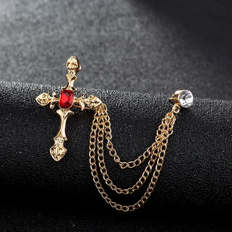 Korean New High-end Metal Cross Brooch Crystal Rhinestone Tassel Chain Lapel Pin Fashion Men\'s Suit Badge for Women Accessories