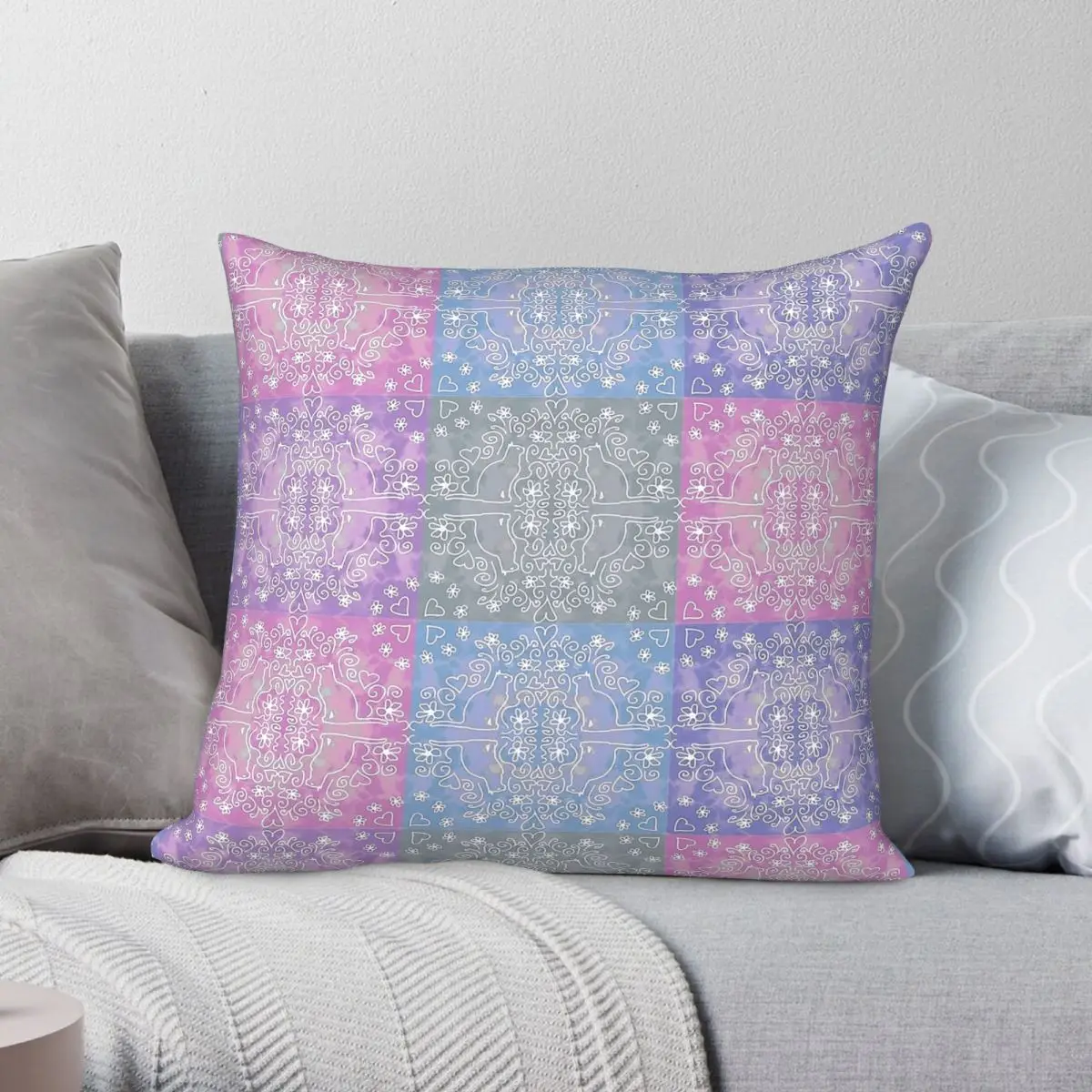 Pastel Cat Tiles Patchwork Pillowcase Polyester Linen Velvet Creative Zip Decor Car Cushion Cover 18