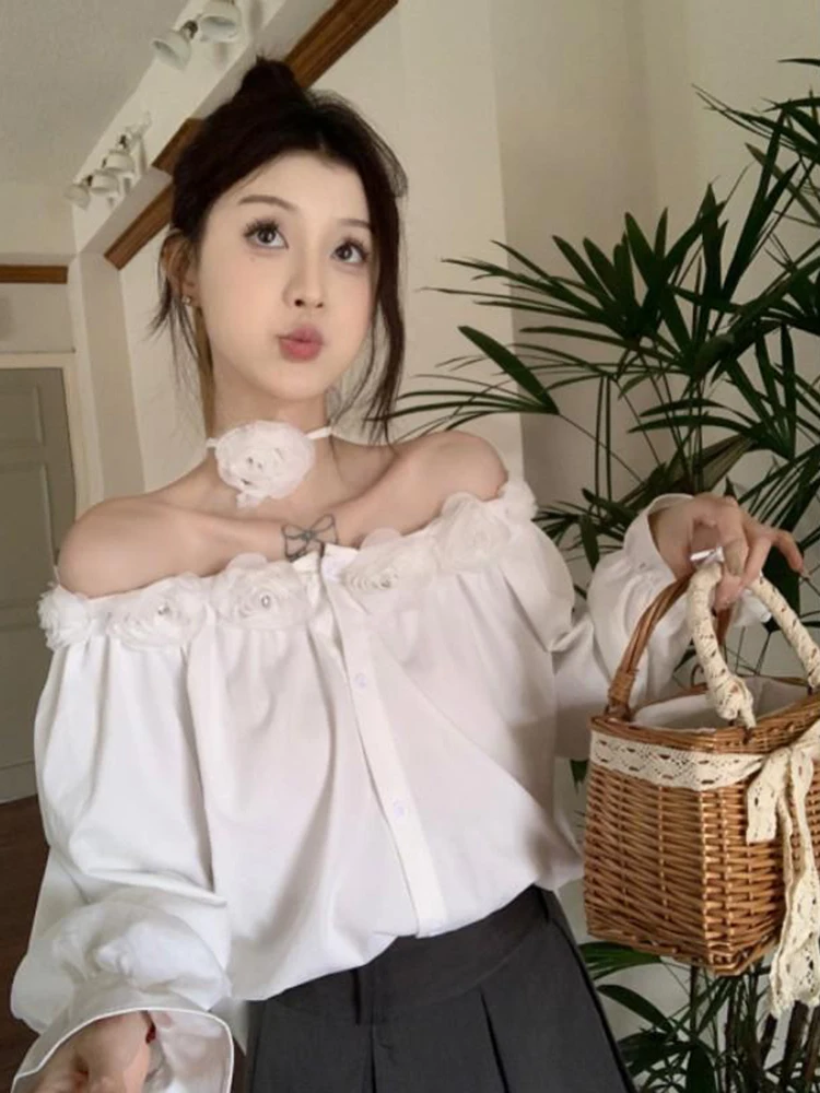 

French Style three-dimensional flower 2025 shirt new style temperament design loose long sleeved White Elegant shirt
