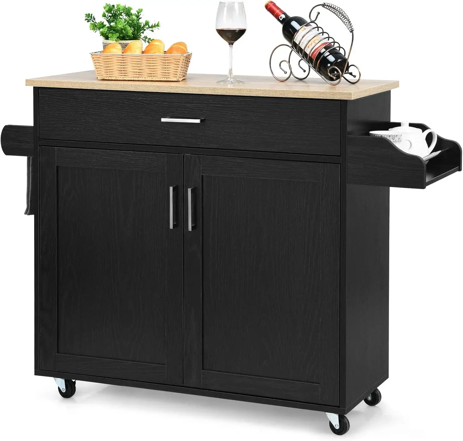 Kitchen Island, Rolling Kitchen Cart with Spice and Towel Rack, Large Drawer & 2-Door Storage Cabinet, Home Service Cart on Lock