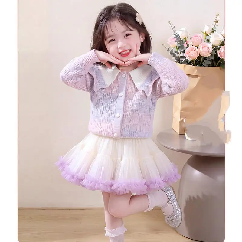 Girls' Knitted Sweater Puff Skirt Set for Autumn and Winter, Rainbow Gradient Collar Cardigan, Mesh Stretch Skirt Two Piece Set