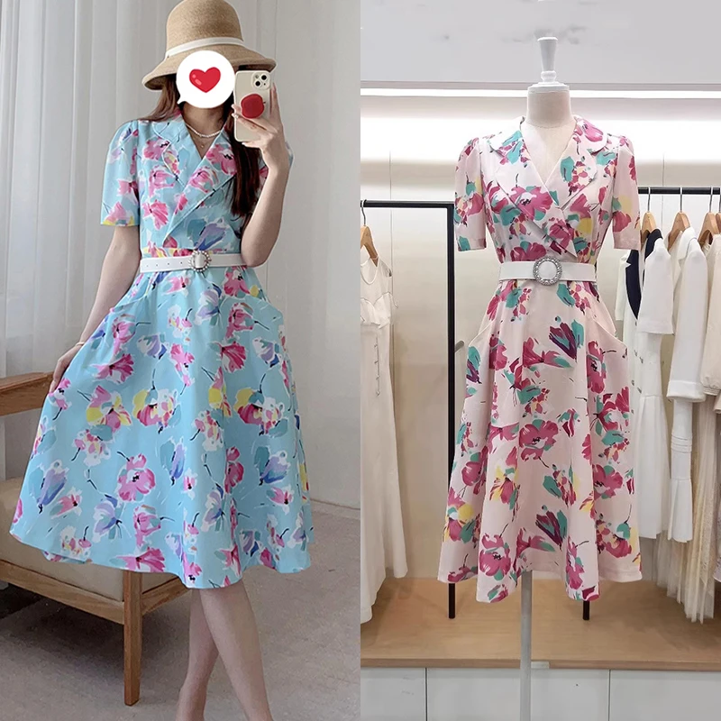 

Ele Romantic Fre Spring Summer 25 Floral Print Slim Fit Suit Collar Waist Cinched Beautiful Dr Commute Sle V Ne ...