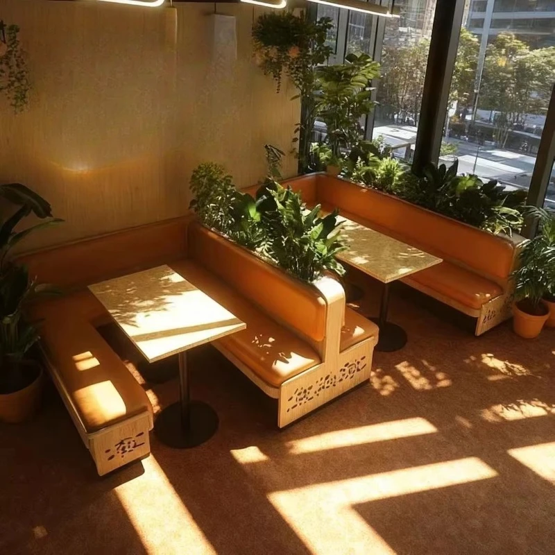 

Trendy cafe restaurant leisure private room wooden booth sofa and green plants integrated commercial furniture set