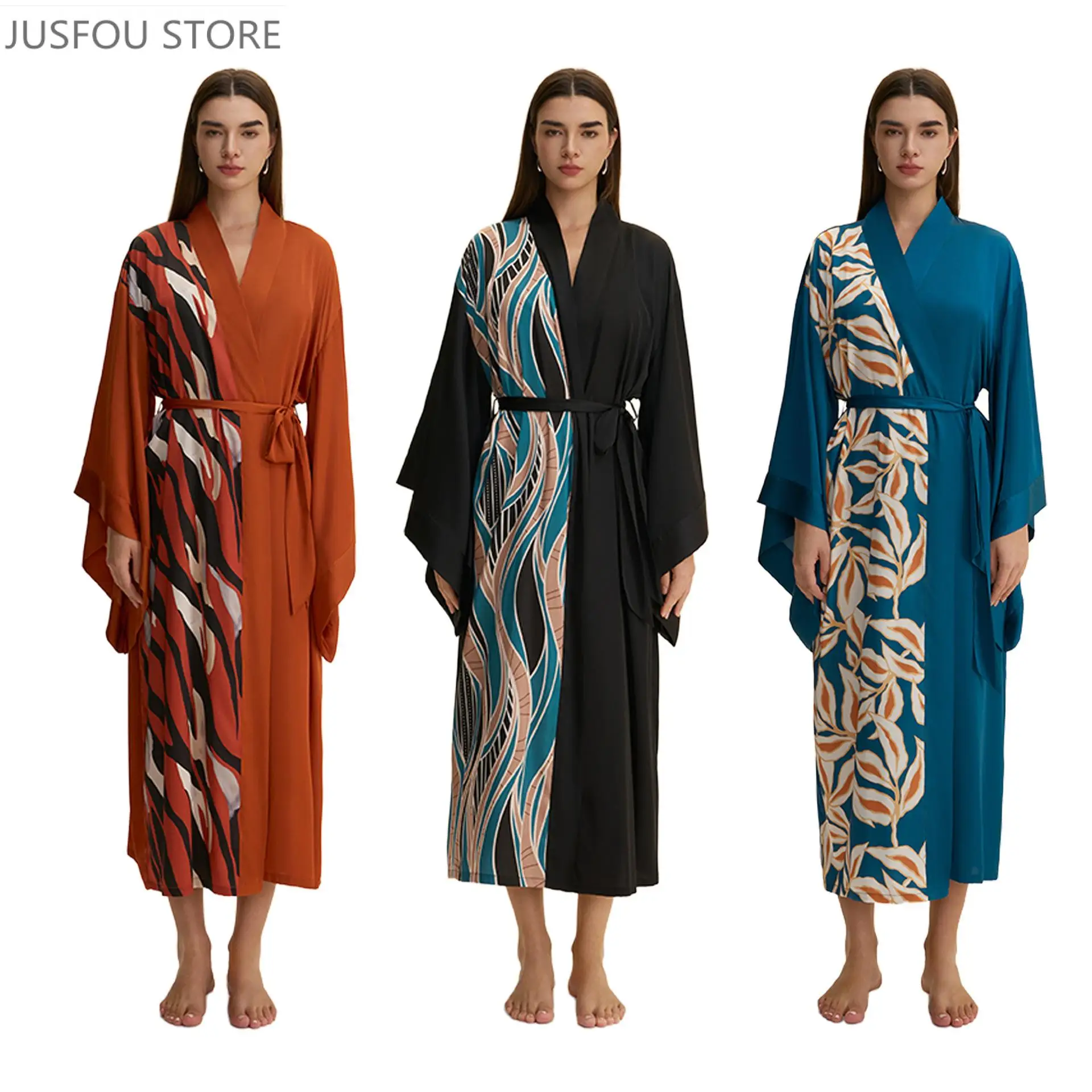 

Elegant Satin Large-Sleeved Pajamas for Women Spring Autumn Thin Cool Design Imitation Silk Long Printed Nightgown Home Wear