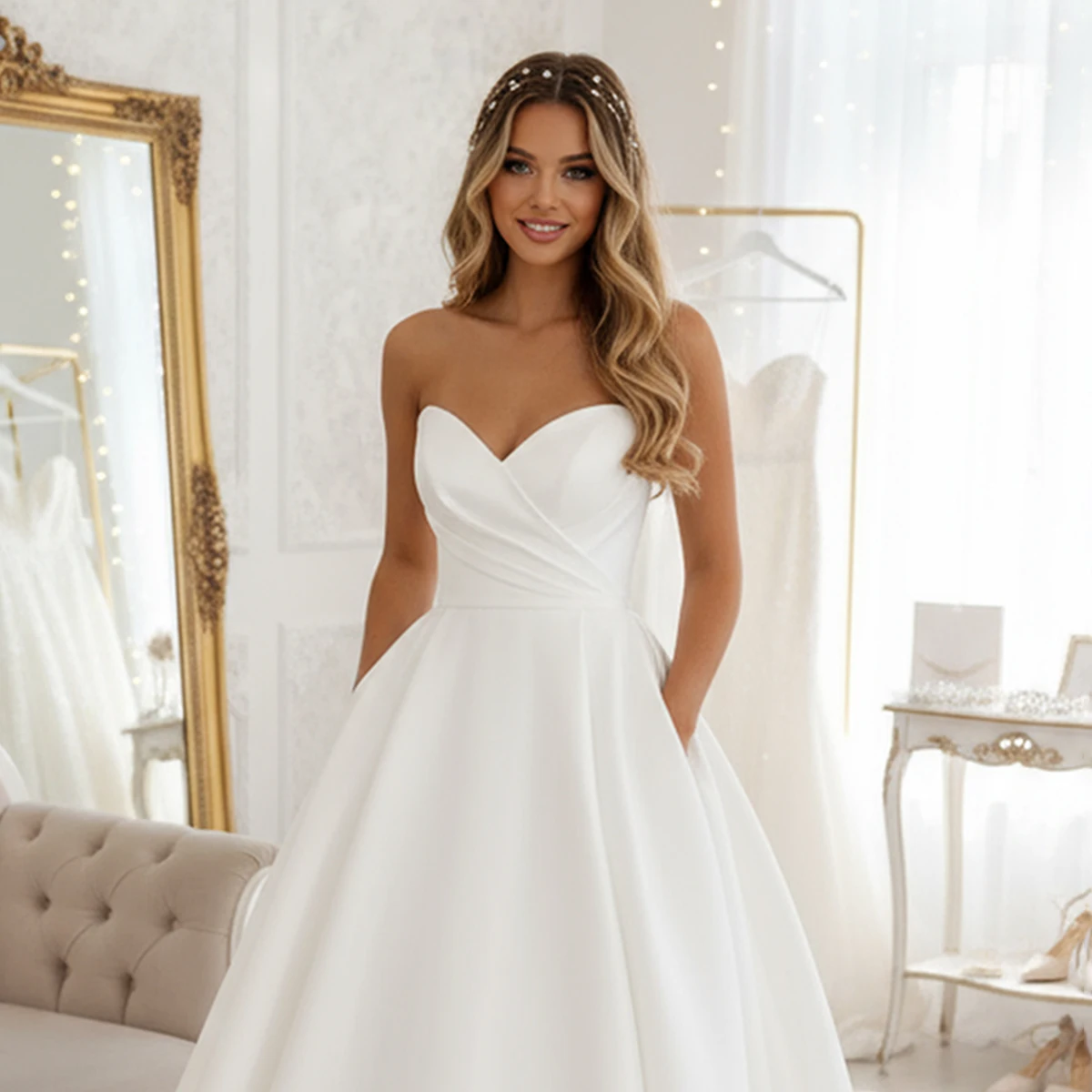 Strapless Satin Ball Gown Wedding Dresses With Slit Vestidos Novia Beach Bridal Party Gown For Bride Customer Made Elegant