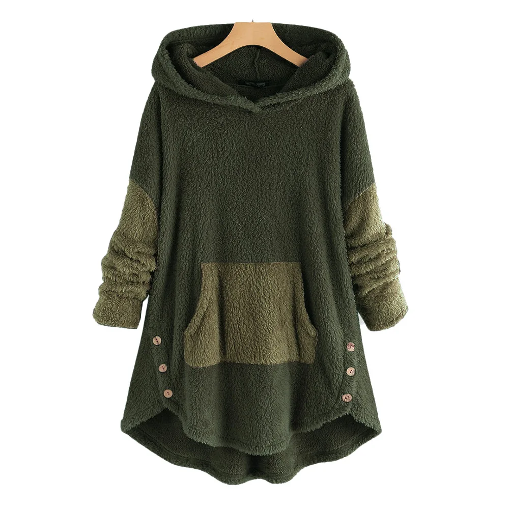 2022 Winter mäntel Kapuze Fleece flauschigen Knopf warm gepolsterte Jacke Frauen lässige Tasche einreihige feste Hoodie