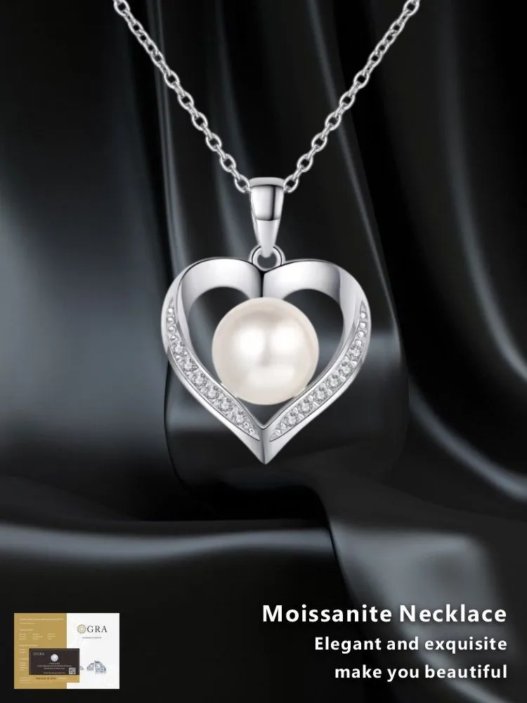 

Moissanite 925 Sterling Silver Certified Elegant and Generous Pearl Heart Shape Moissanite Necklace