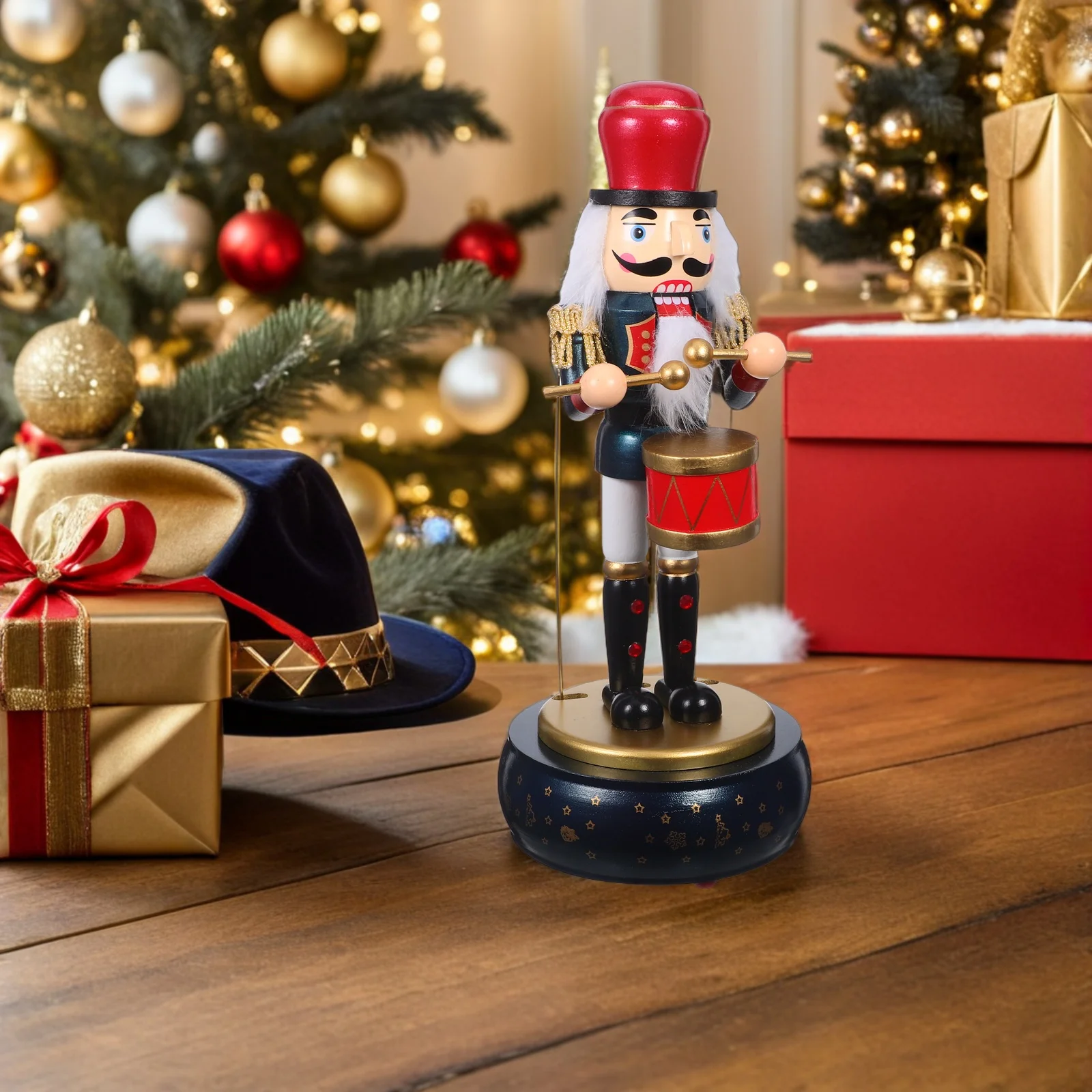 

Nutcracker Music Box Wooden Nutcracker Soldier Round Base Christmas Wind-Up Musical Holiday Decor Xmas Party Decoration