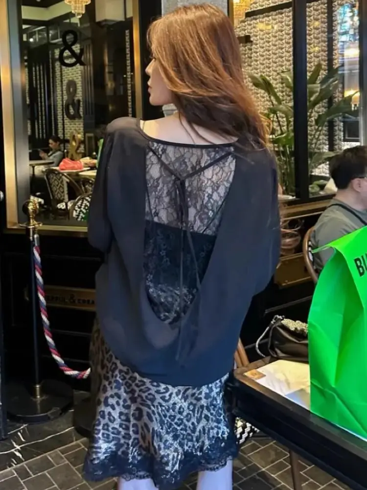 

Sexy Lace Back Hollow out Long Sleeve T-Shirt Women's Sun Protection Shirt Cover up Back Exposure Top Commute Style round Neck
