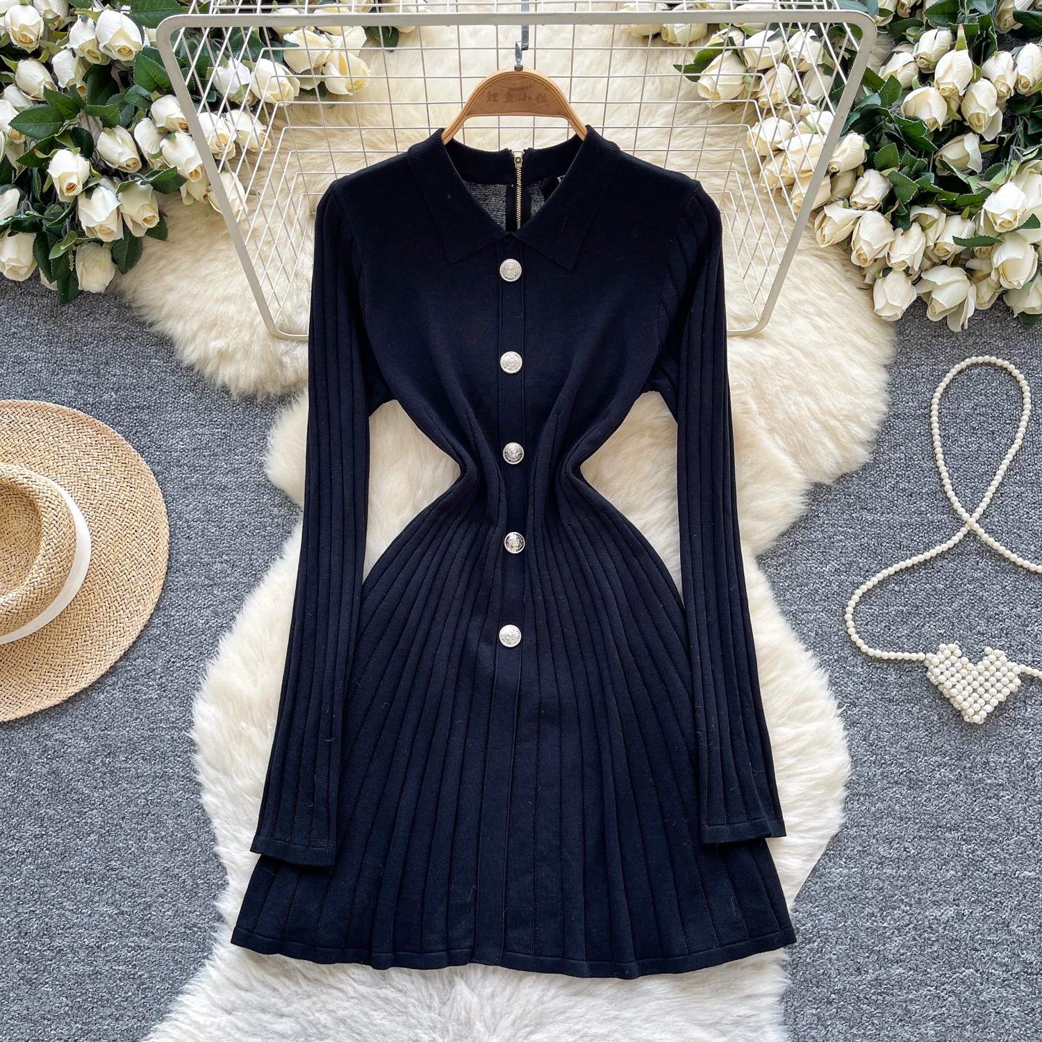 Chic vintage turn-down collar button Knit slim Elegant Fairy korean fashion Boho Sundress women clothing dress