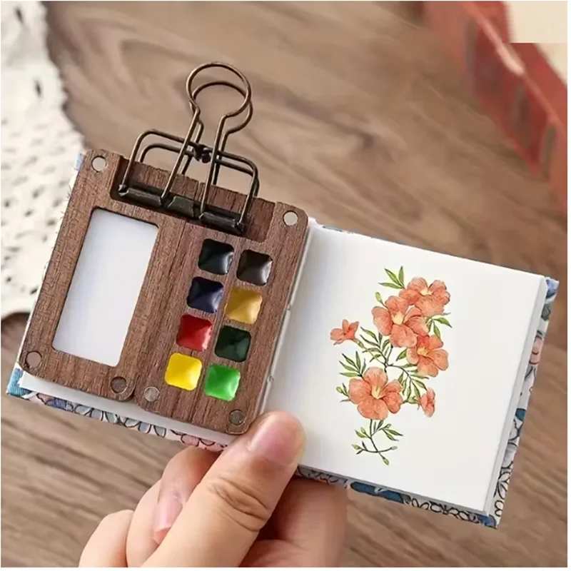 Portable Small Travel Watercolor Palette Set 8 Units Wooden Grid Pocket Box Home Art Supplies Gift