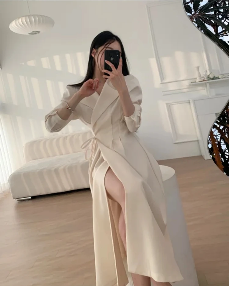 

MiiiiX French Style Elegant Long Shirt Dress Women 2024 Autumn Fashion Cross-tie Design Waist Notched Long-sleeved A-line Dress