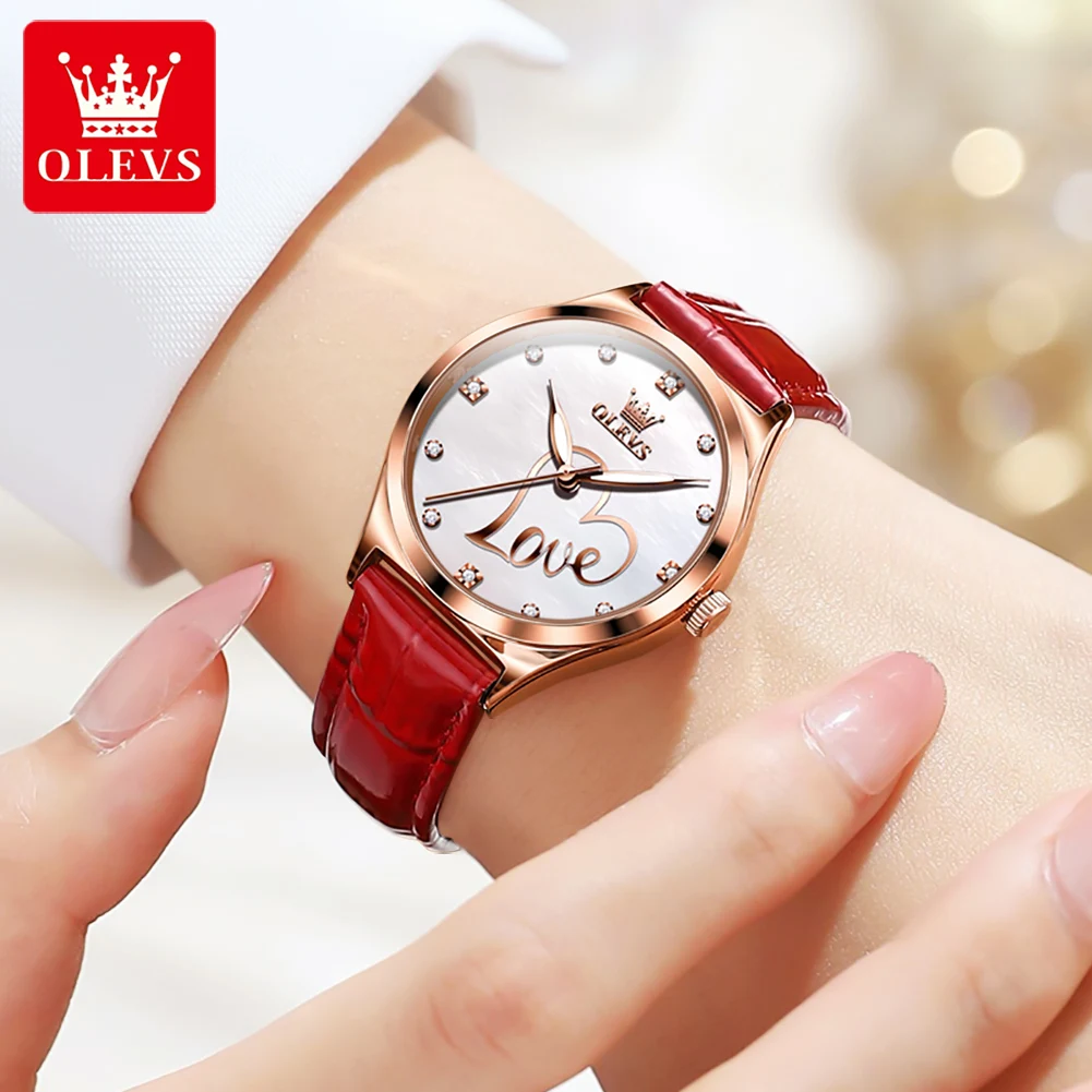 OLEVS-Montre à Quartz en Cuir Rouge pour Femme, Montre-Bracelet Simple, Étanche, à la Mode, 5580