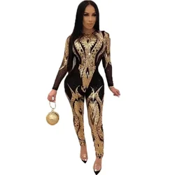 Sequin African Clothes for Women 2025 Autumn Fashion African Long Sleeve O-neck Gold Silver Party Evening Long Jumpsuit Outfits