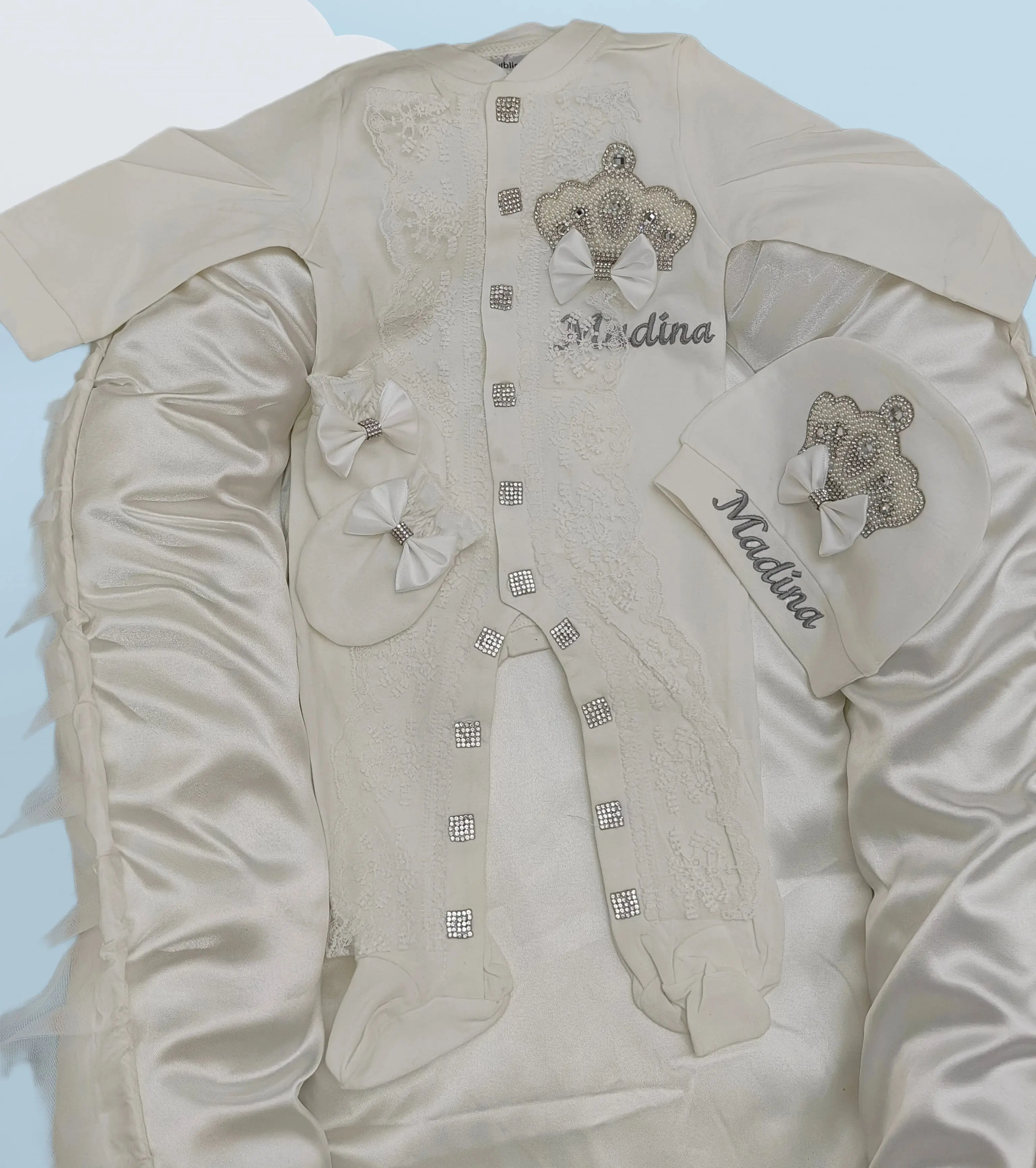 Elegant Baby Girl Christening 3Pcs White Lace Romper Rhinestone Crown Custom Name Hat Mittens For Newborn Photoshoot Baptism