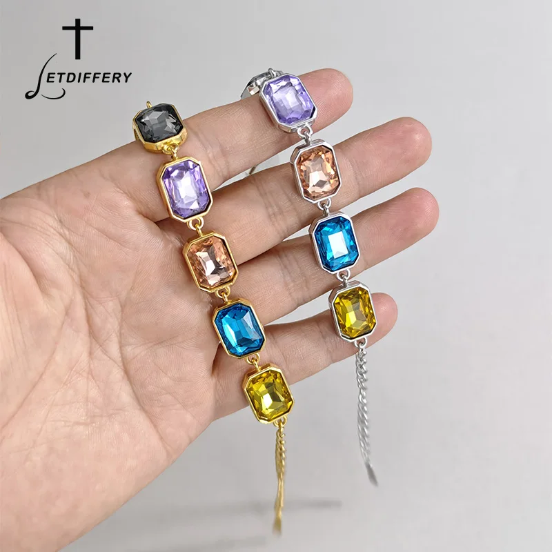Letdiffery Luxury Colorful Rectangular Crystal Bracelet for Women Stainless Steel Rainbow Color Chain Bracelet Jewelry Gifts