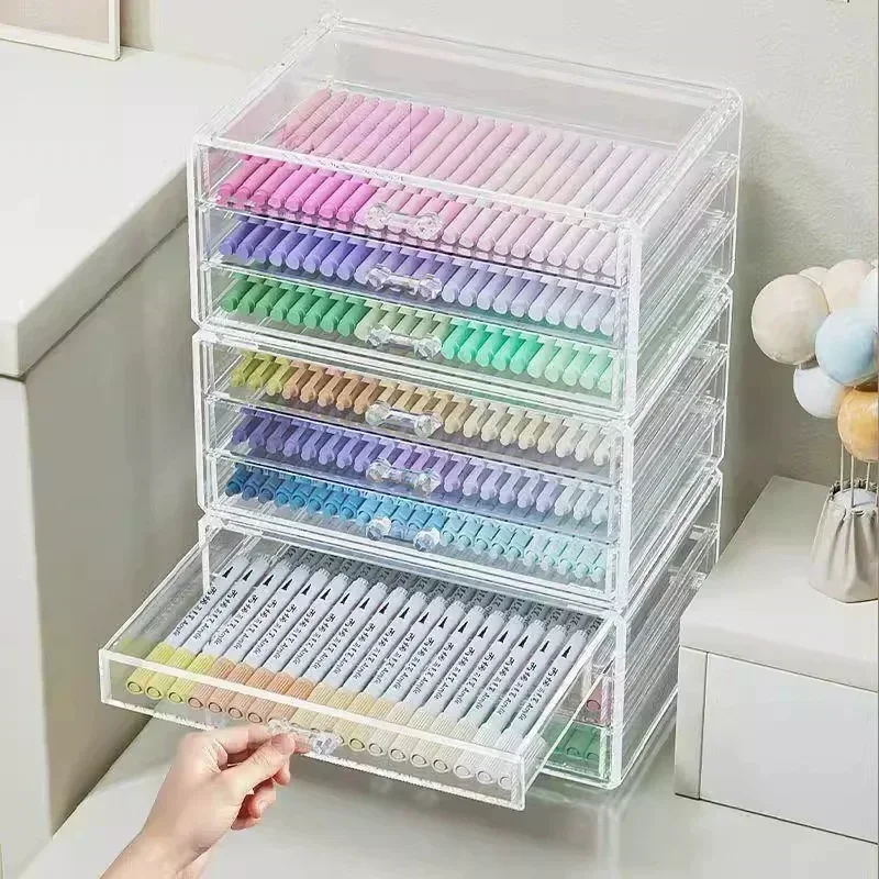Large Capacity Transparent Acrylic Marker Pen Holder Colored Pencil Case Organizer Storage Box for Kids Painting School Supplies