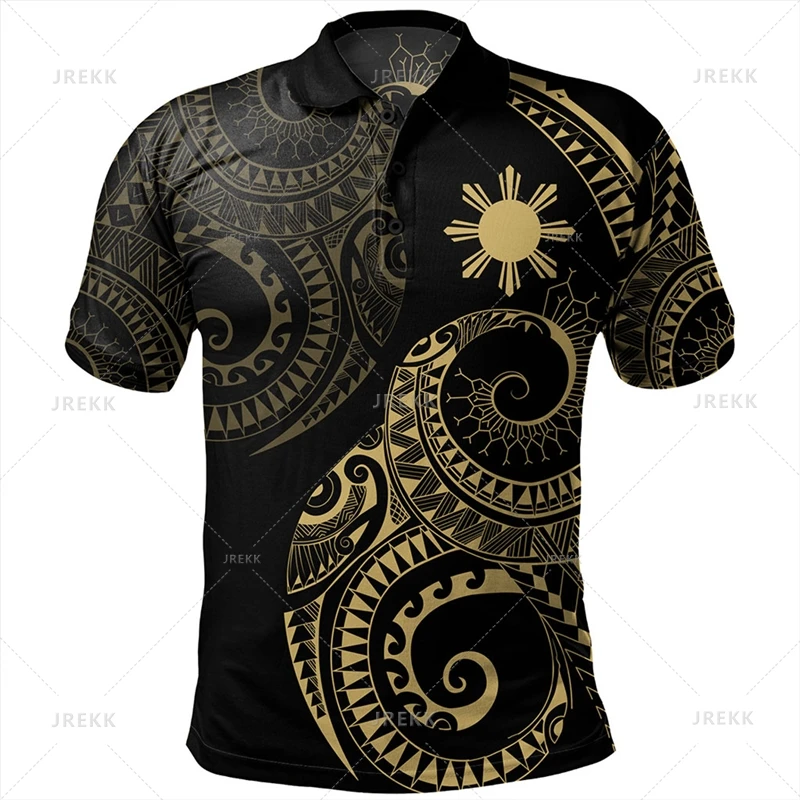 3D polo vintage para homens, impressão gráfica filipina, tops gráficos tribais, gráfico tribal