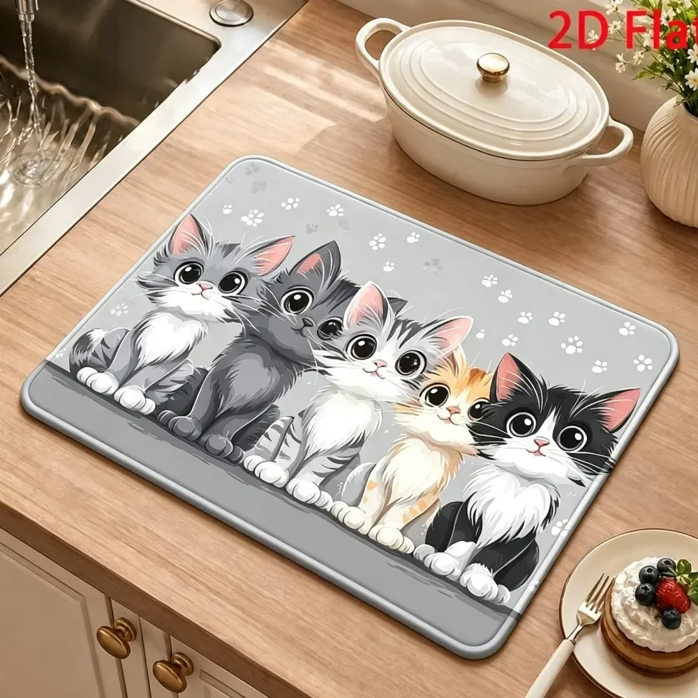 Cute Cat Kitchen Dish Drying Mat Pink Cartoon Animal Tableware Drainer Pad Kawaii Kitten Coffee Countertop Mat