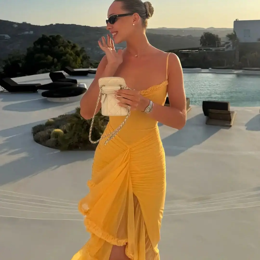 Ofherown شيك الأصفر السباغيتي حزام فستان الحفلة الراقصة المرأة كشكش عالية الشق سليم ثوب مسائي الدانتيل تقليم Ruched فستان حفلة عطلة #4
