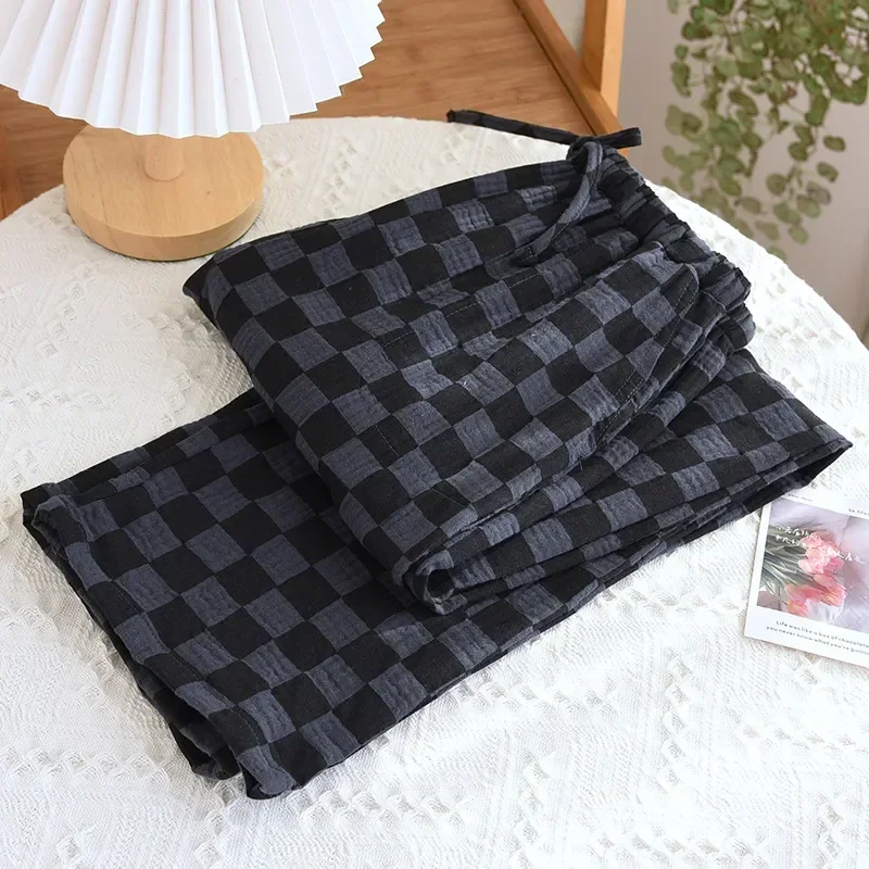 Checkerboard Pajamas Loose Spring Pants Sleep Cotton Trousers Home Casual Clothes Crepe 2023 Women Straight For New