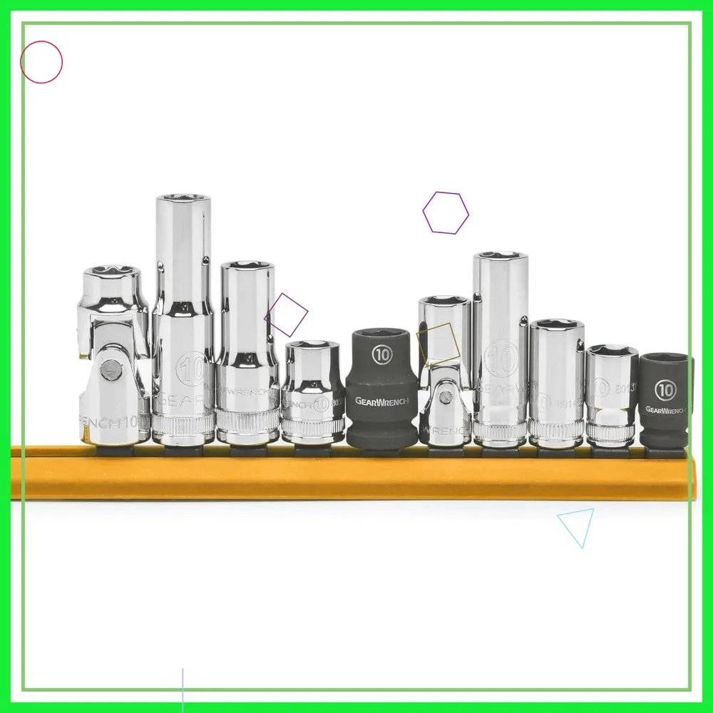 Set di 10 bussole a 6 punte con attacco da 1/4" e 3/8" con diversi tipi di prese, dimensioni 10 mm