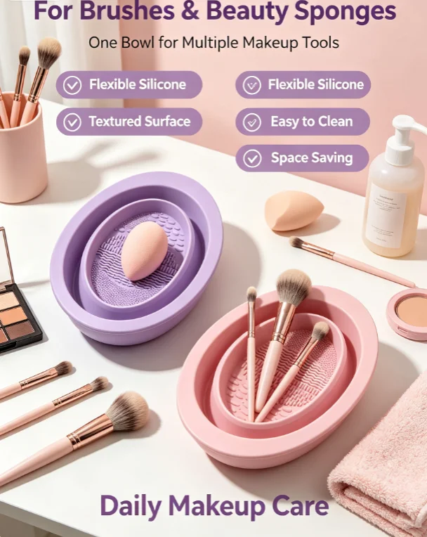 Flexible Silicone Makeup Cleaning Bowl Set, Textured Surface Wash Tray for Beauty Brushes & Sponges, Reusable Easy-Clean Space-Saving Cosmetic Care Accessory view 2