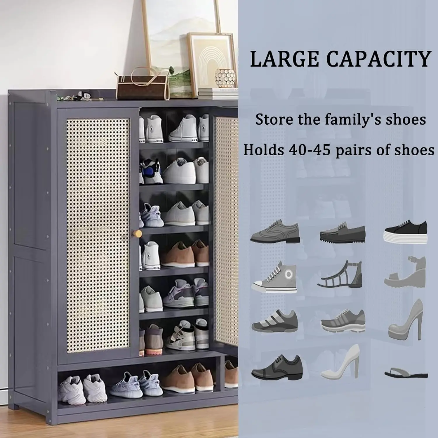 8 Tier Bamboo Shoe Storage Cabinet with Doors, 38-42 Pairs Shoe Rack for Closet, Rattan Storage Cabinet with Doors for Hallway L image 5