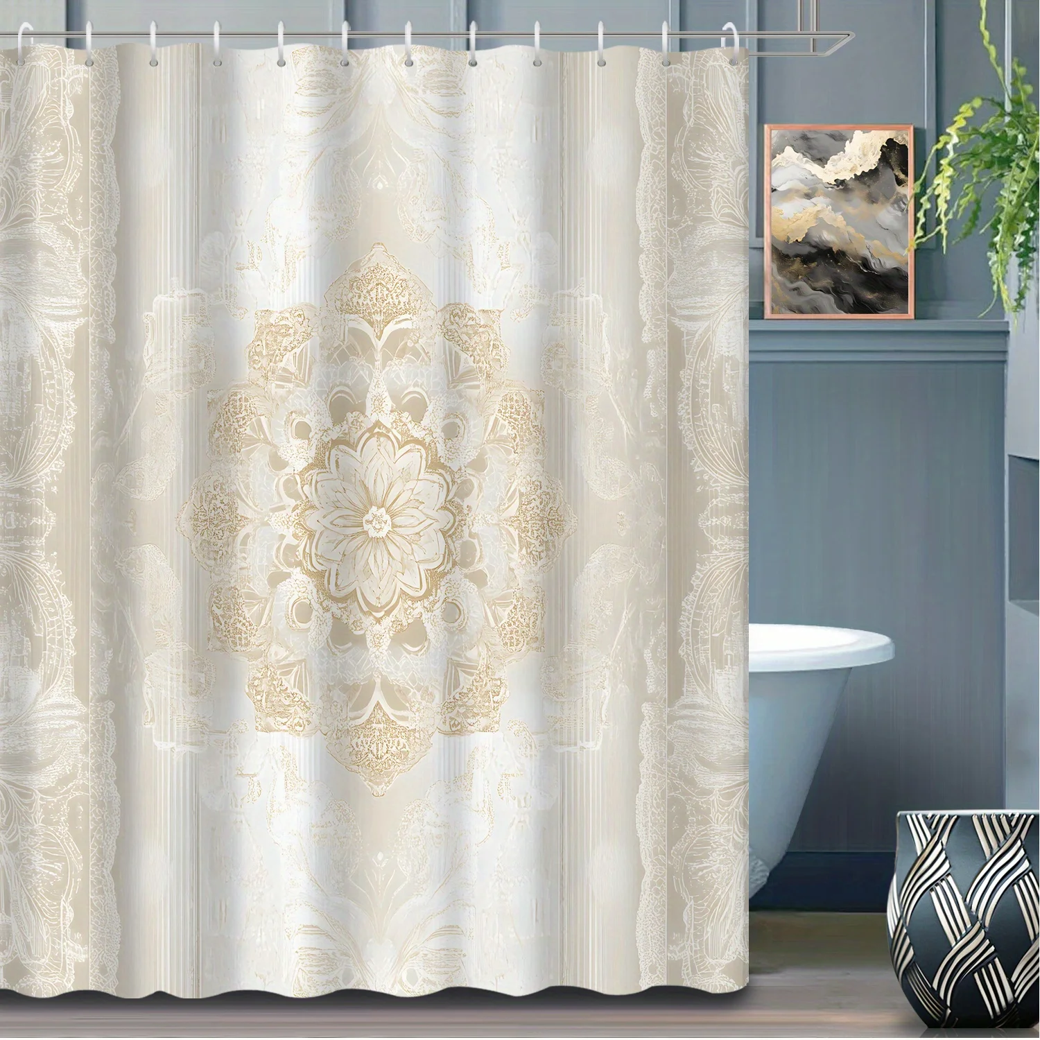 1pc Bohemian Style Golden Yellow Mandala Pattern Printed Shower Curtain, Polyester Fabric with 12 Hooks, Bath Curtain and